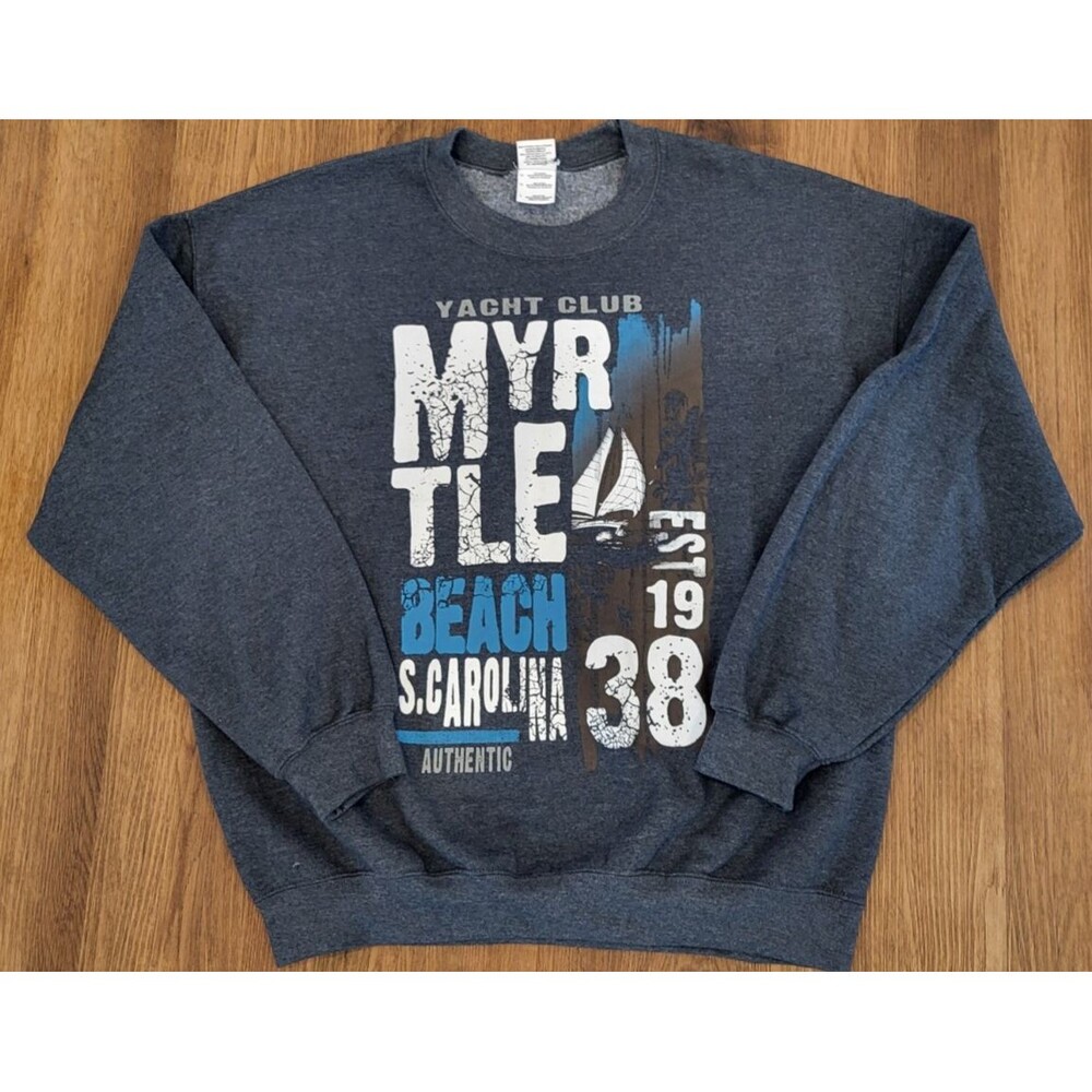 Gildan Heavy Blend Myrtle Beach SC Yacht Club Sweatshirt Mens L Gray Graphic